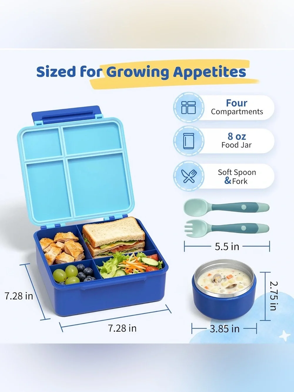 Lunch Box with 8oz Thermo, Leakproof Lunch Food Containers with 4 Compartment